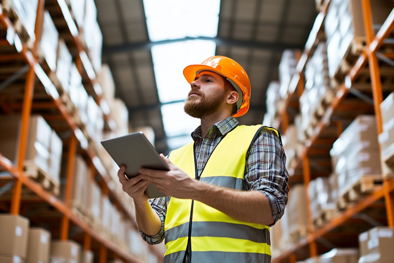 Warehouse worker using tablet inventory management