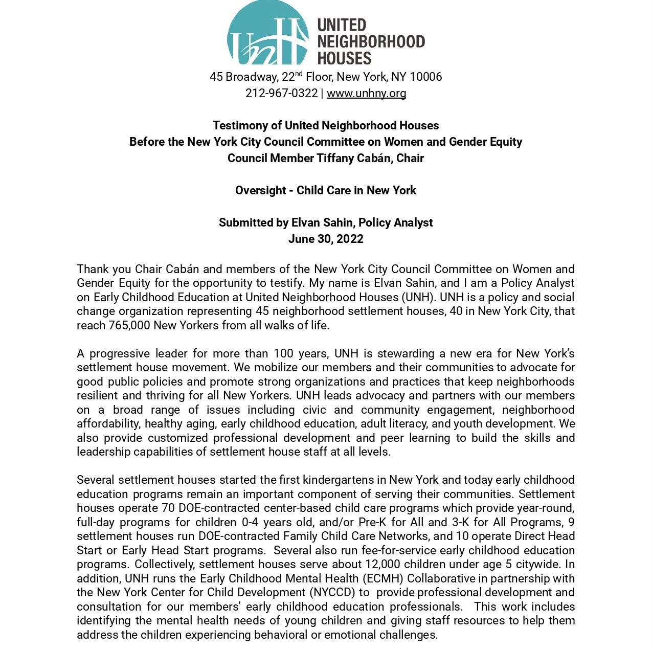 UNH Testimony - Oversight: Child Care in New York