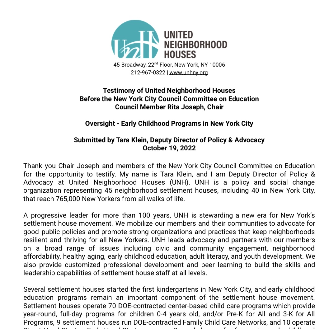 UNH Testimony - Oversight Hearing on Early Childhood Programs