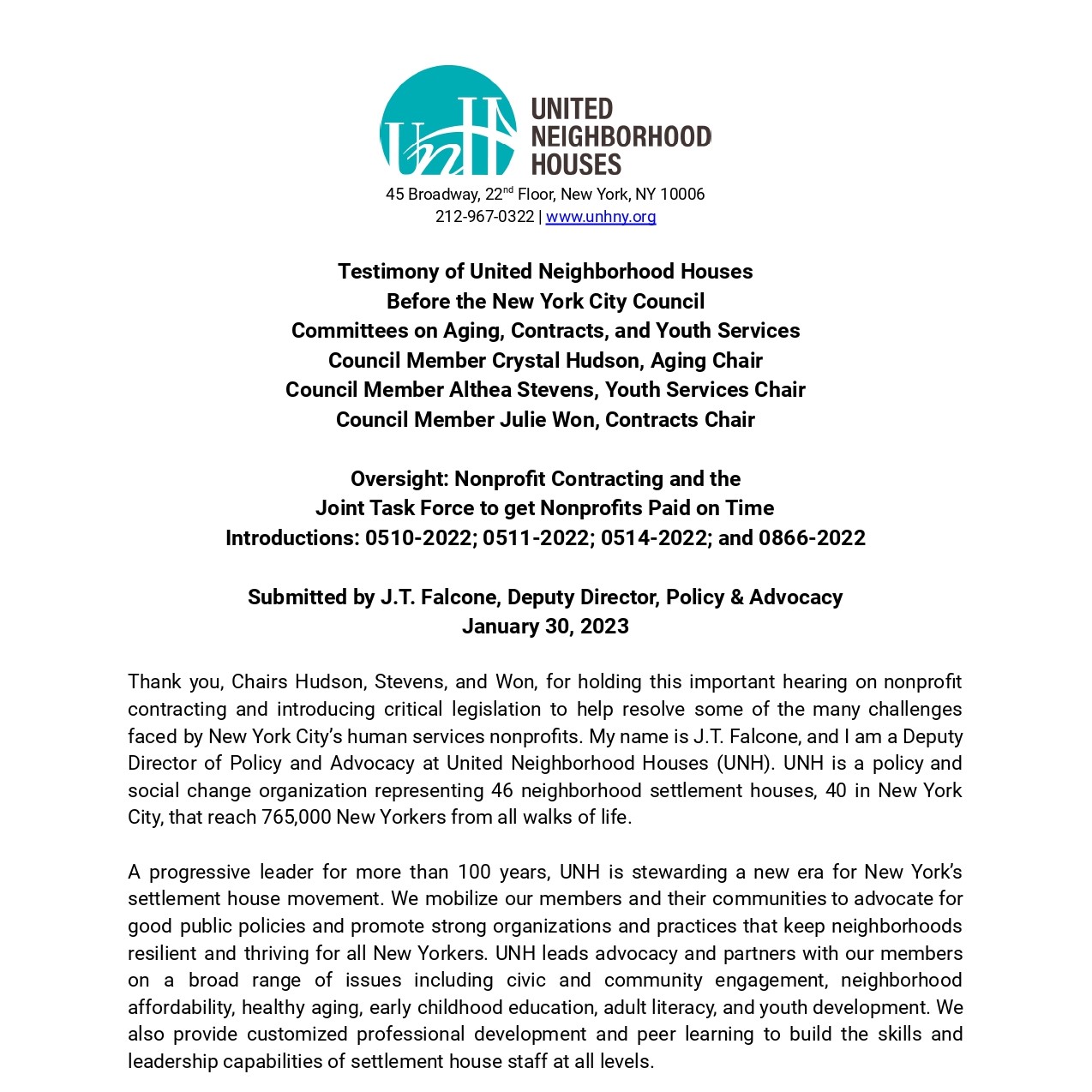 UNH Testimony -  Nonprofit Contracting and the  Joint Task Force to get Nonprofits Paid on Time