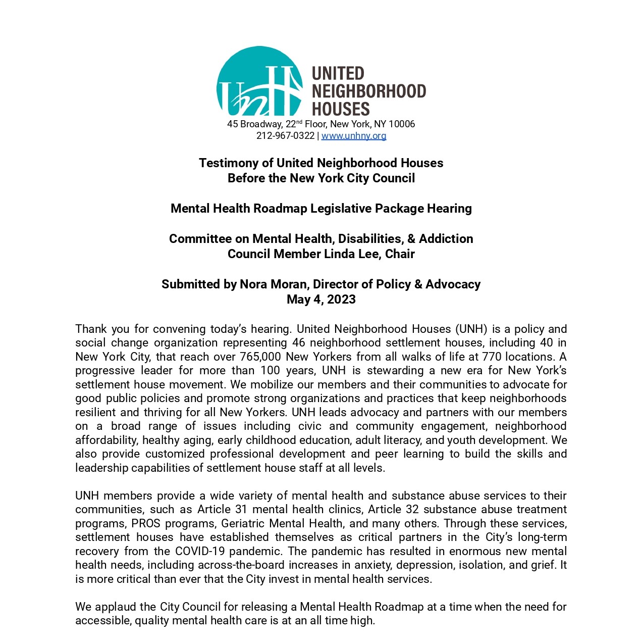 UNH Testimony - Mental Health Roadmap Legislative Package Hearing