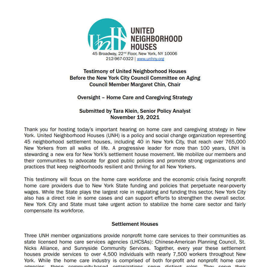 UNH Testimony - Home Care and Caregiving Strategy