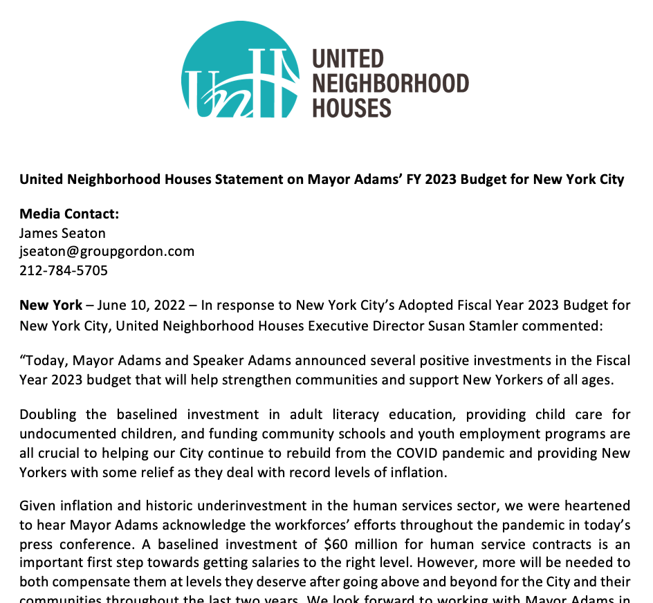 UNH Statement on Final FY23 NYC Budget
