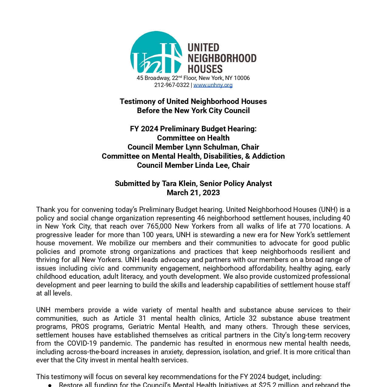 UNH Testimony - FY24 Preliminary Health & Mental Health Budget
