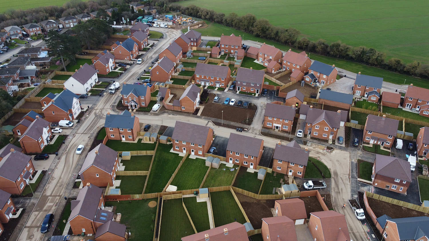 Aerial view of 85 houses at Poet's Corner, Oakley, as the site nears completion in May 2021